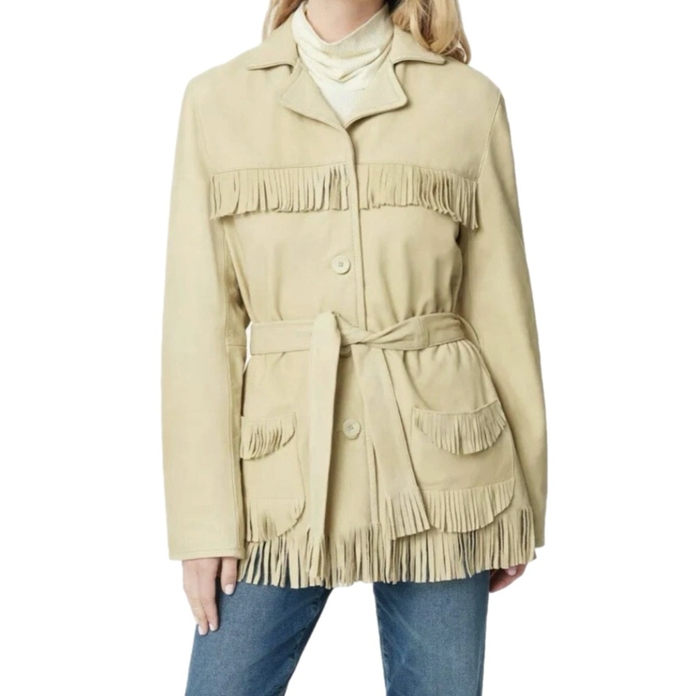 NWT $999 MSRP Joe's Jeans 100% Genuine Tan Leather Fringe Belted Jacket, Size M
